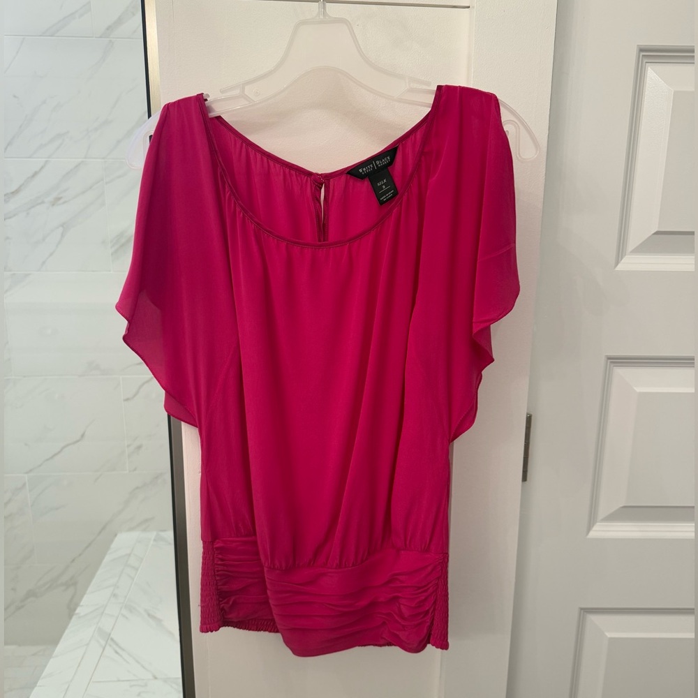WHBM Bright Pink Silk Short Sleeve Top, size S.